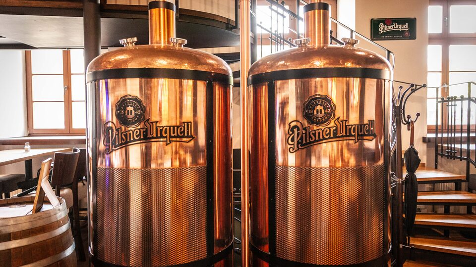 Miedziane tanki Pilsner Urquell w Dřevný Kocúr przy Placu Solnym we Wrocławiu